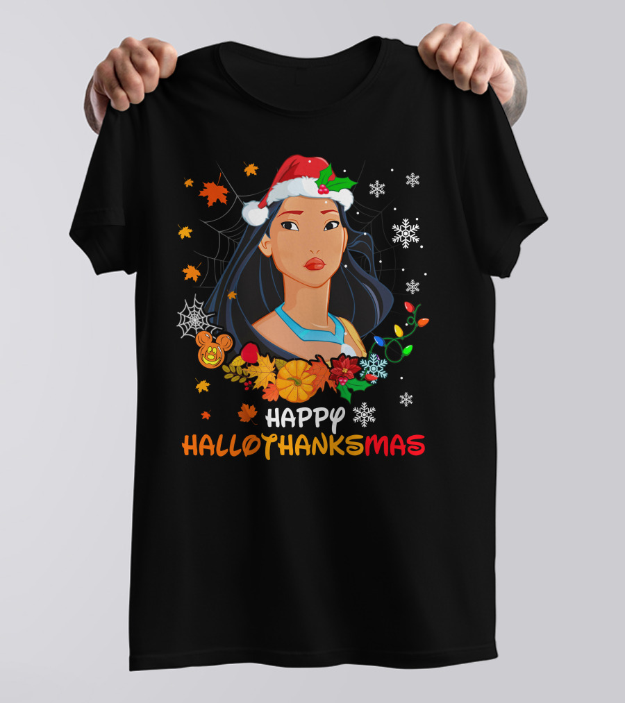 Happy Hallothanksmas Pocahontas Santa Hat Pumpkin Leaves Snowflakes T-Shirt