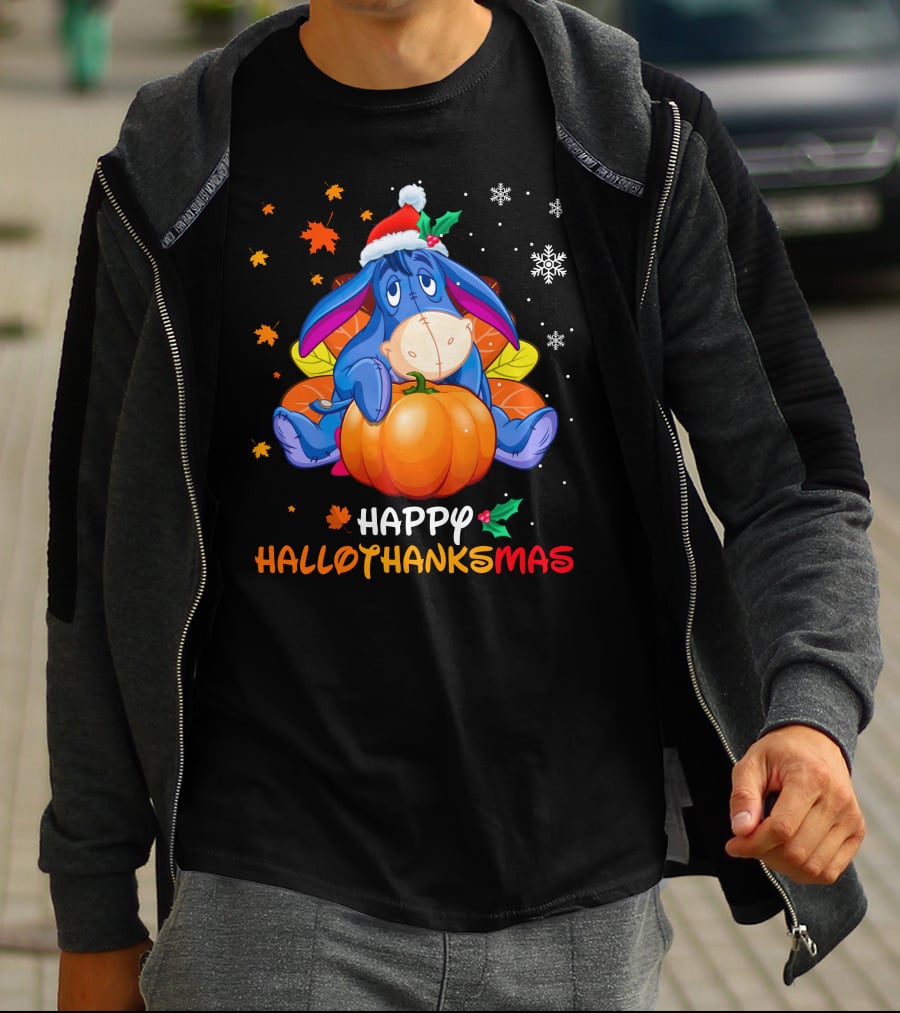 Happy Hallowthanksmas Eeyore Pumpkin Santa Hat Snowflakes Leaves Holiday T-Shirt