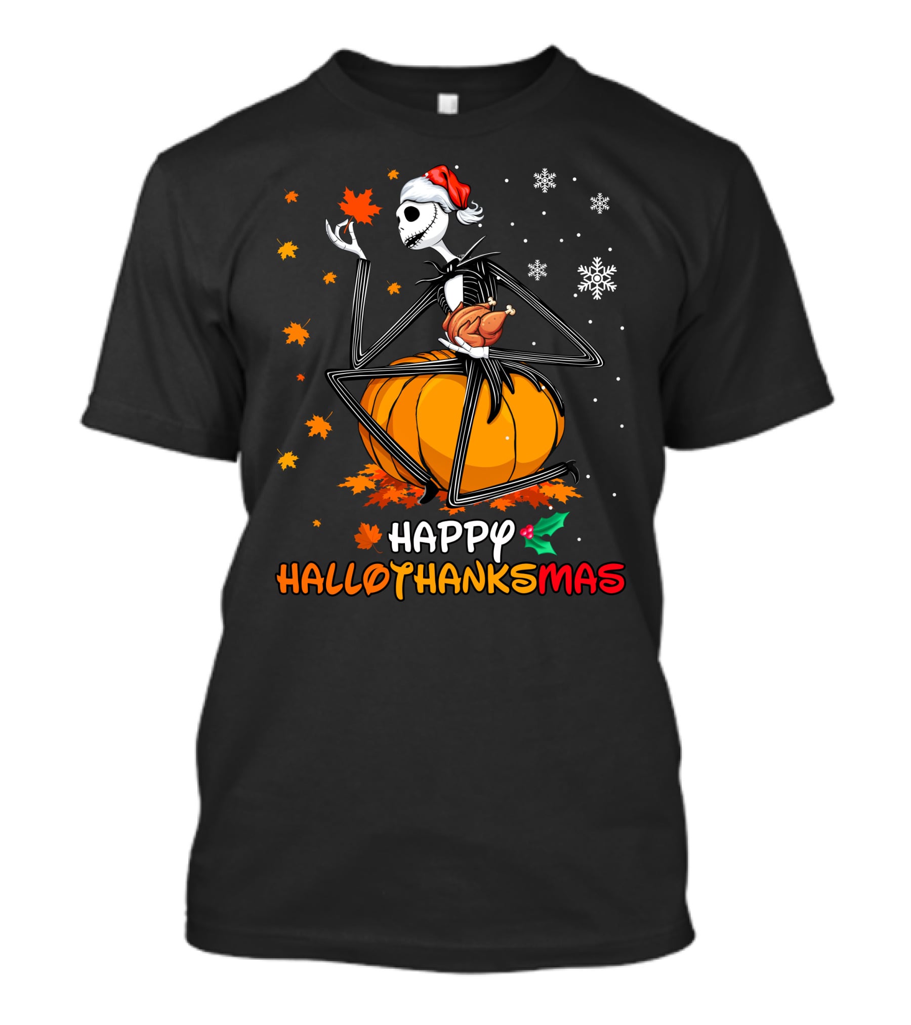 Happy Hallowthanksmas Jack Skellington Pumpkin Turkey Snowflakes T-Shirt