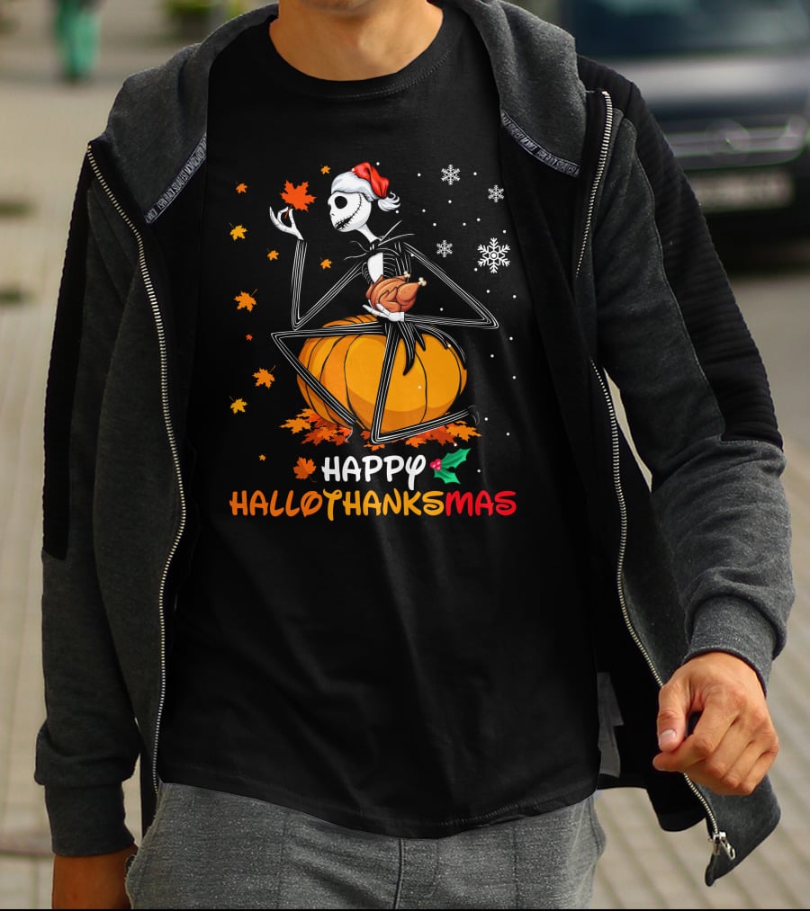 Happy Hallowthanksmas Jack Skellington Pumpkin Turkey Snowflakes T-Shirt