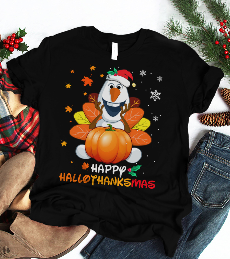 Happy Hallothanksmas Olaf Pumpkin Snowman Santa Hat Snowflakes T-Shirt