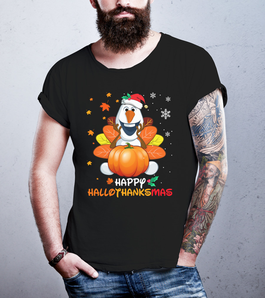 Happy Hallothanksmas Olaf Pumpkin Snowman Santa Hat Snowflakes T-Shirt
