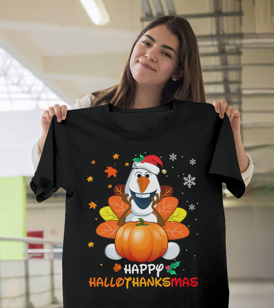 Happy Hallothanksmas Olaf Pumpkin Snowman Santa Hat Snowflakes T-Shirt