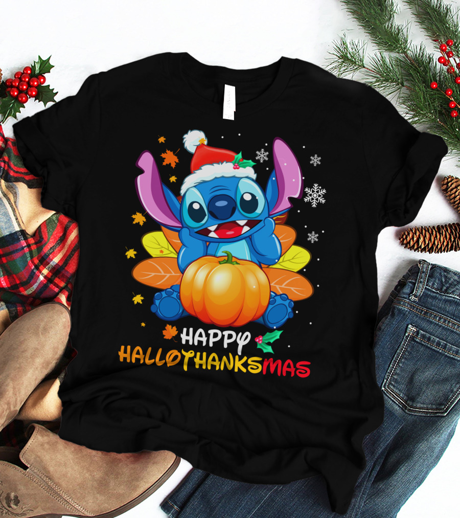 Stitch Happy Hallothanksmas Pumpkin Santa Hat Snowflakes T-Shirt