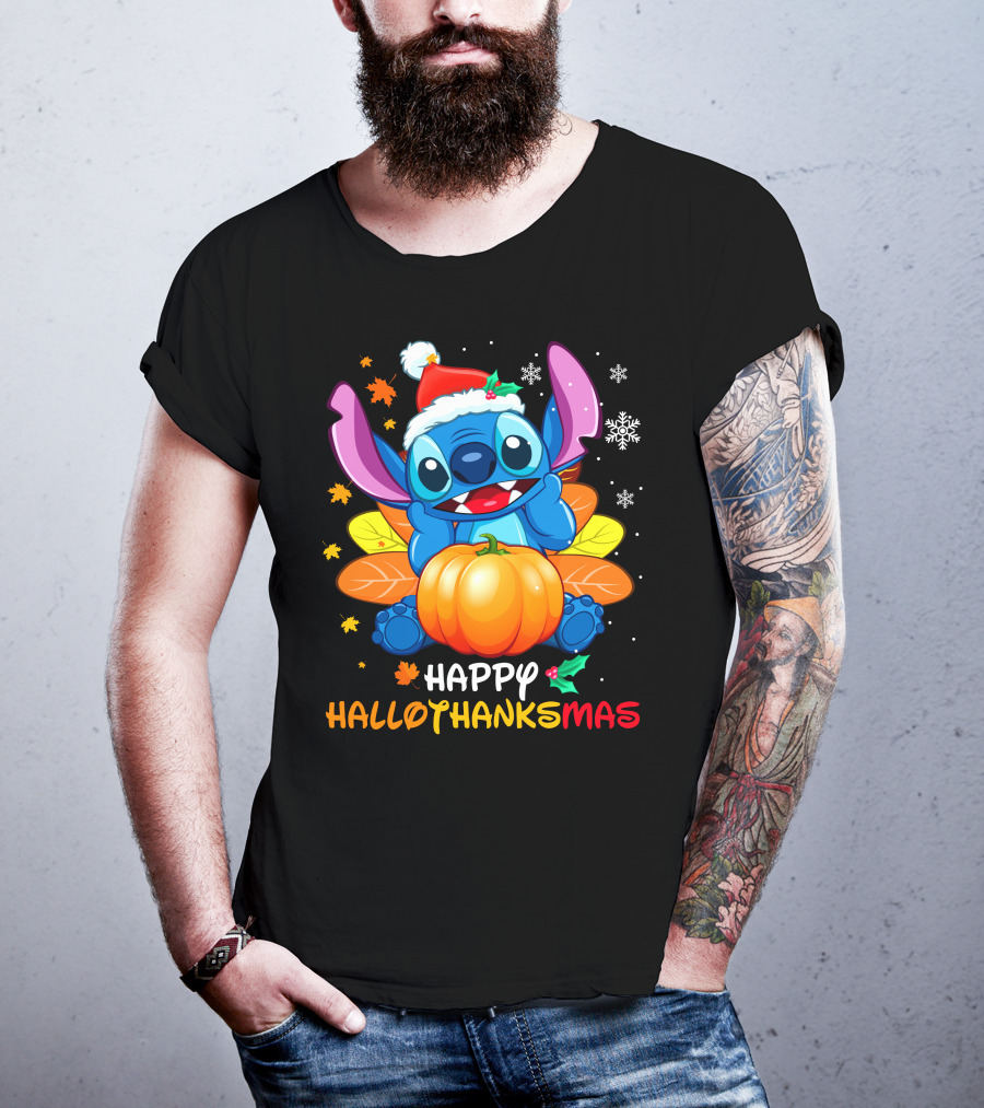 Stitch Happy Hallothanksmas Pumpkin Santa Hat Snowflakes T-Shirt