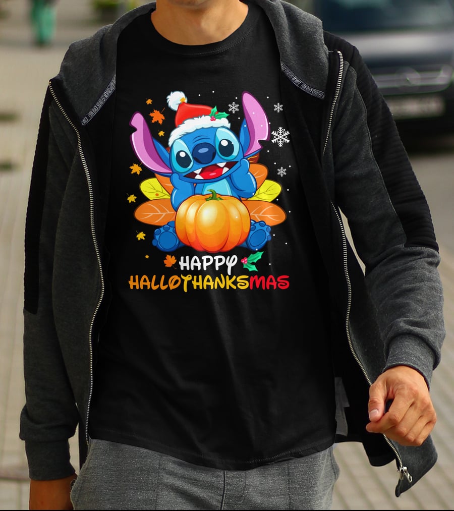 Stitch Happy Hallothanksmas Pumpkin Santa Hat Snowflakes T-Shirt