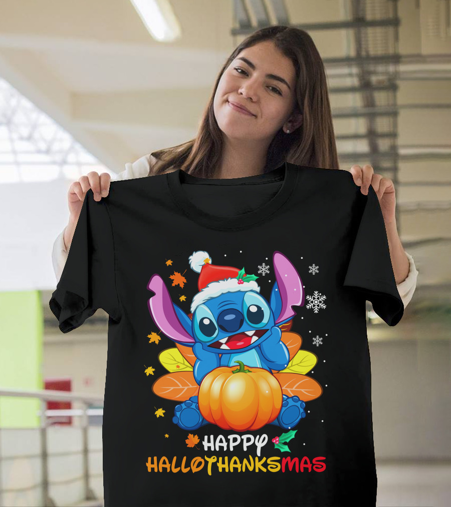 Stitch Happy Hallothanksmas Pumpkin Santa Hat Snowflakes T-Shirt