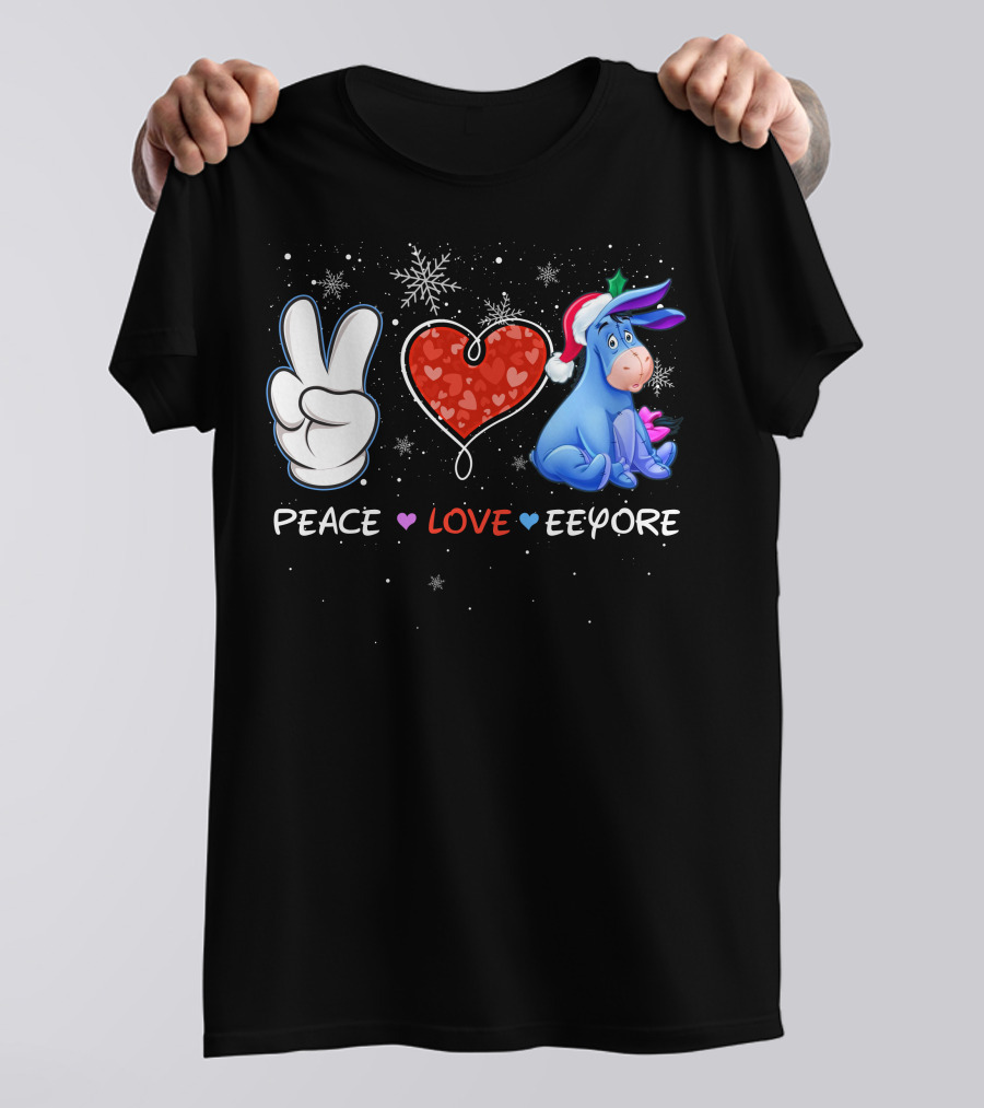 Peace Love Eeyore Santa Hat Winter Snowflakes T-Shirt