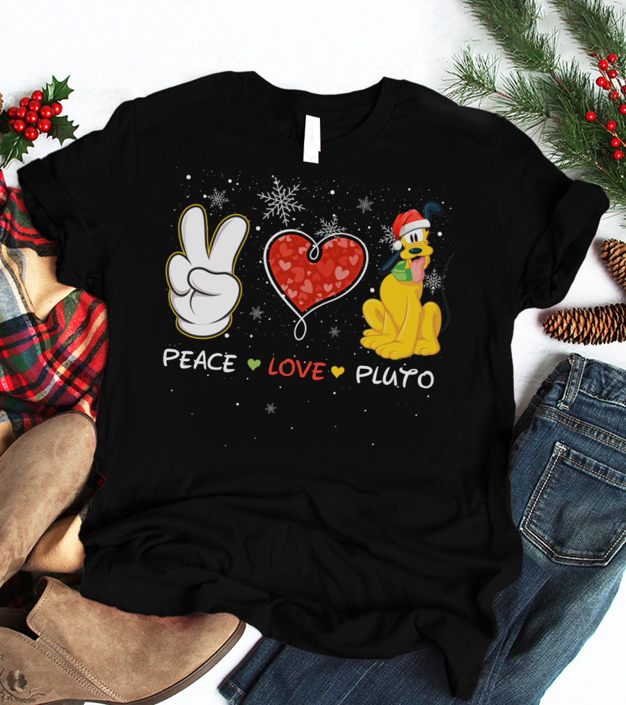 Peace Love Pluto Christmas Santa Hat Snowflakes T-Shirt