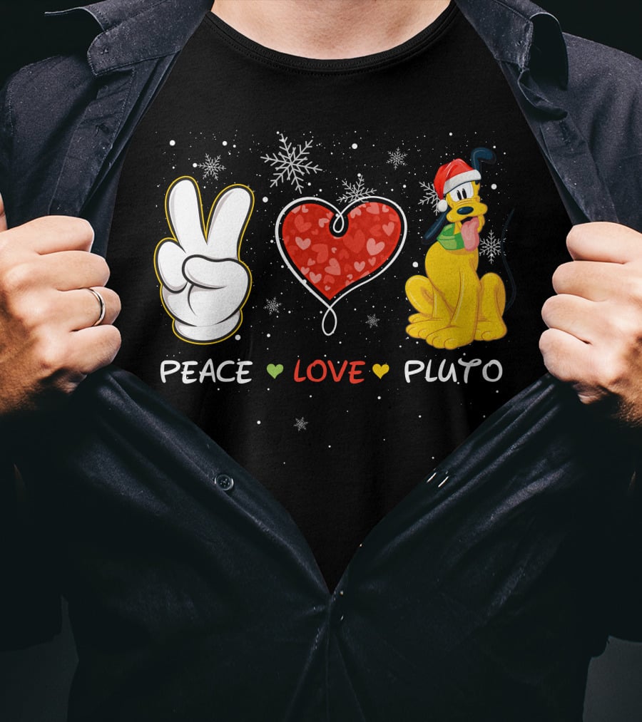 Peace Love Pluto Christmas Santa Hat Snowflakes T-Shirt
