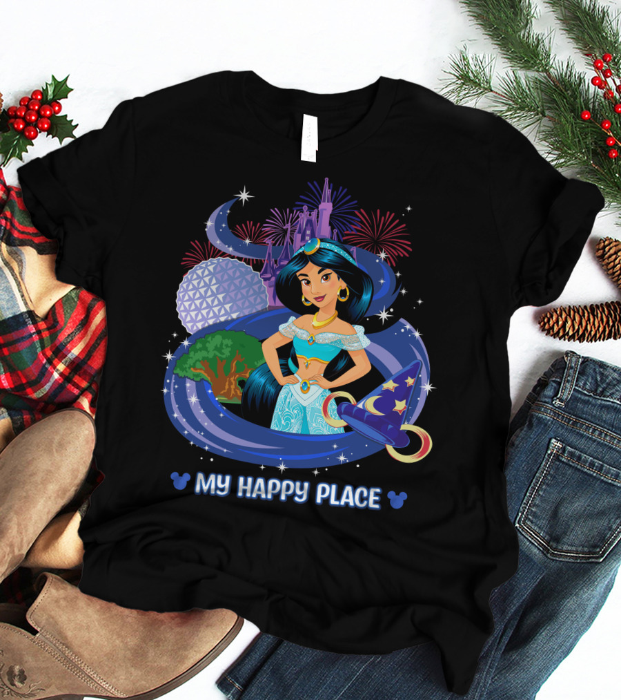 Jasmine My Happy Place Disney Princess Fireworks Magic Castle Mickey Epcot Disney World T-Shirt