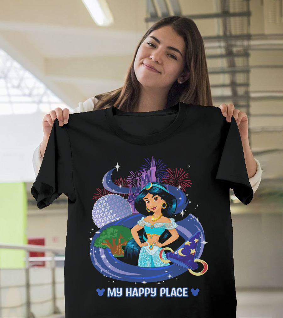 Jasmine My Happy Place Disney Princess Fireworks Magic Castle Mickey Epcot Disney World T-Shirt