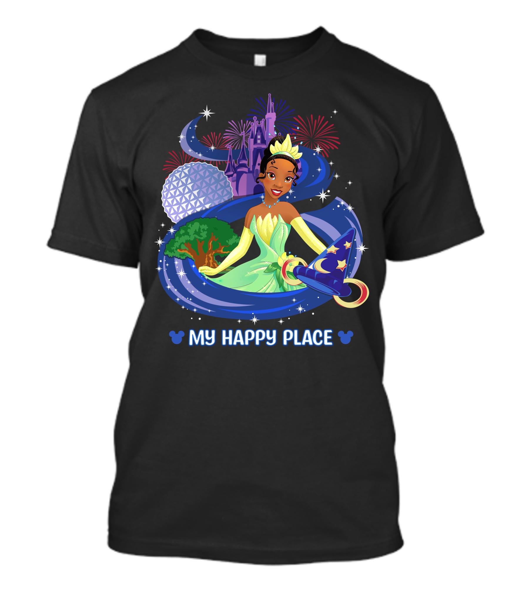 Tiana My Happy Place Disney Parks Epcot Fireworks Castle Sorcerer Hat T-Shirt