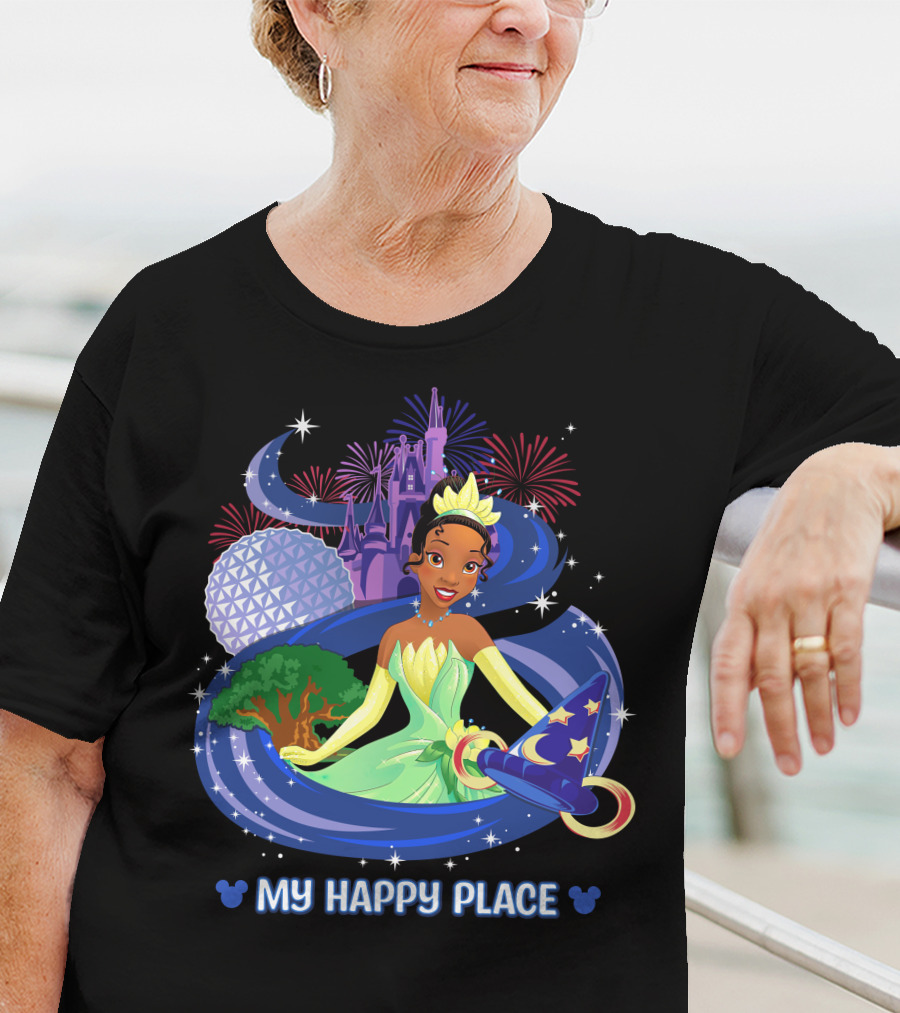 Tiana My Happy Place Disney Parks Epcot Fireworks Castle Sorcerer Hat T-Shirt