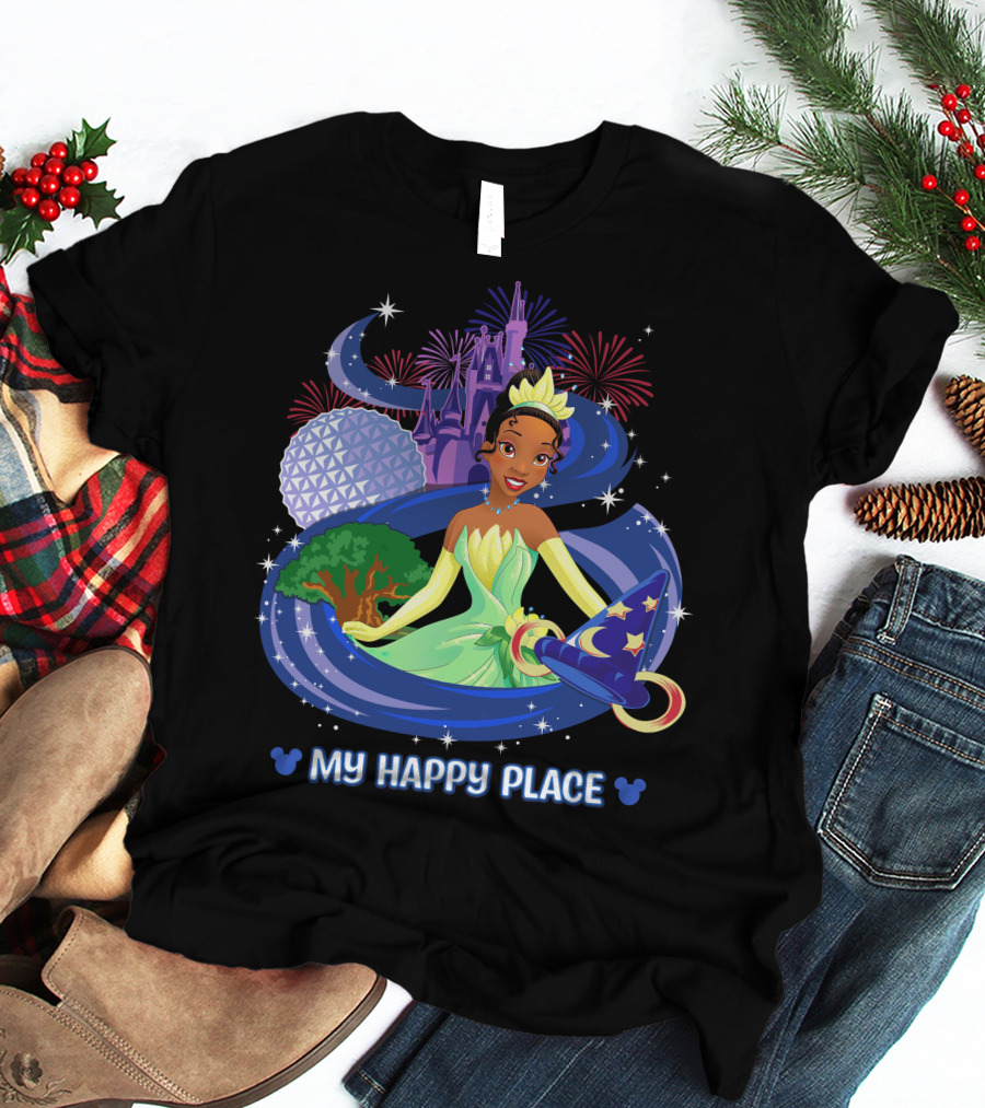 Tiana My Happy Place Disney Parks Epcot Fireworks Castle Sorcerer Hat T-Shirt