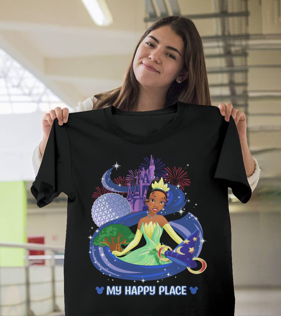 Tiana My Happy Place Disney Parks Epcot Fireworks Castle Sorcerer Hat T-Shirt