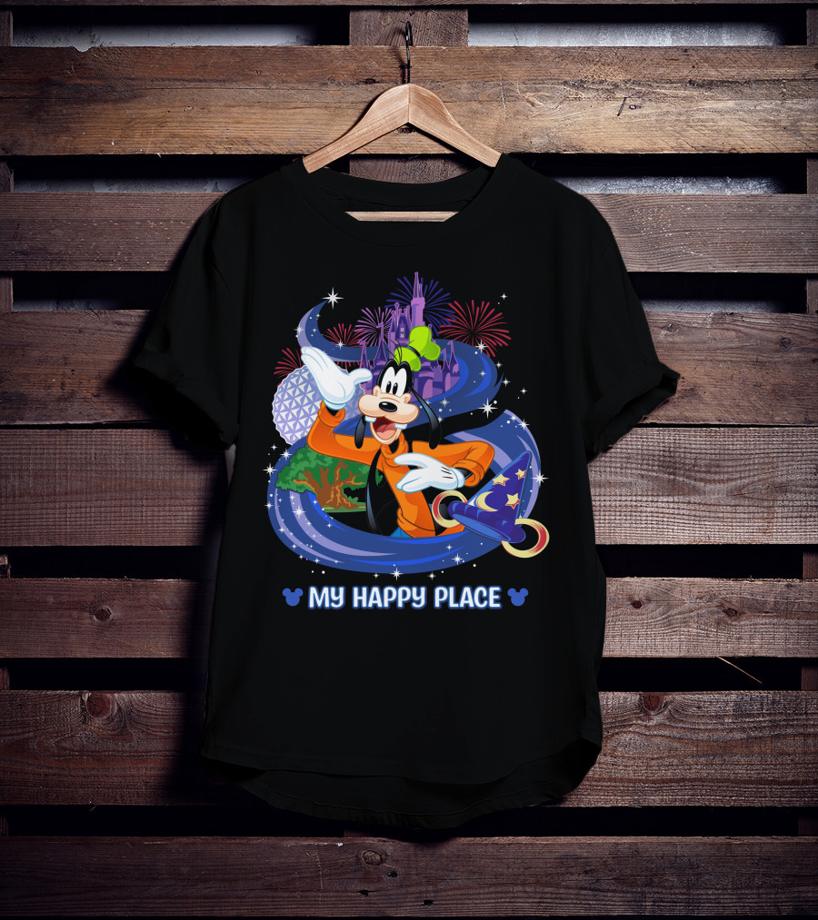 Goofy My Happy Place Disney Fireworks Epcot Sorcerer Mickey's Hat T-Shirt