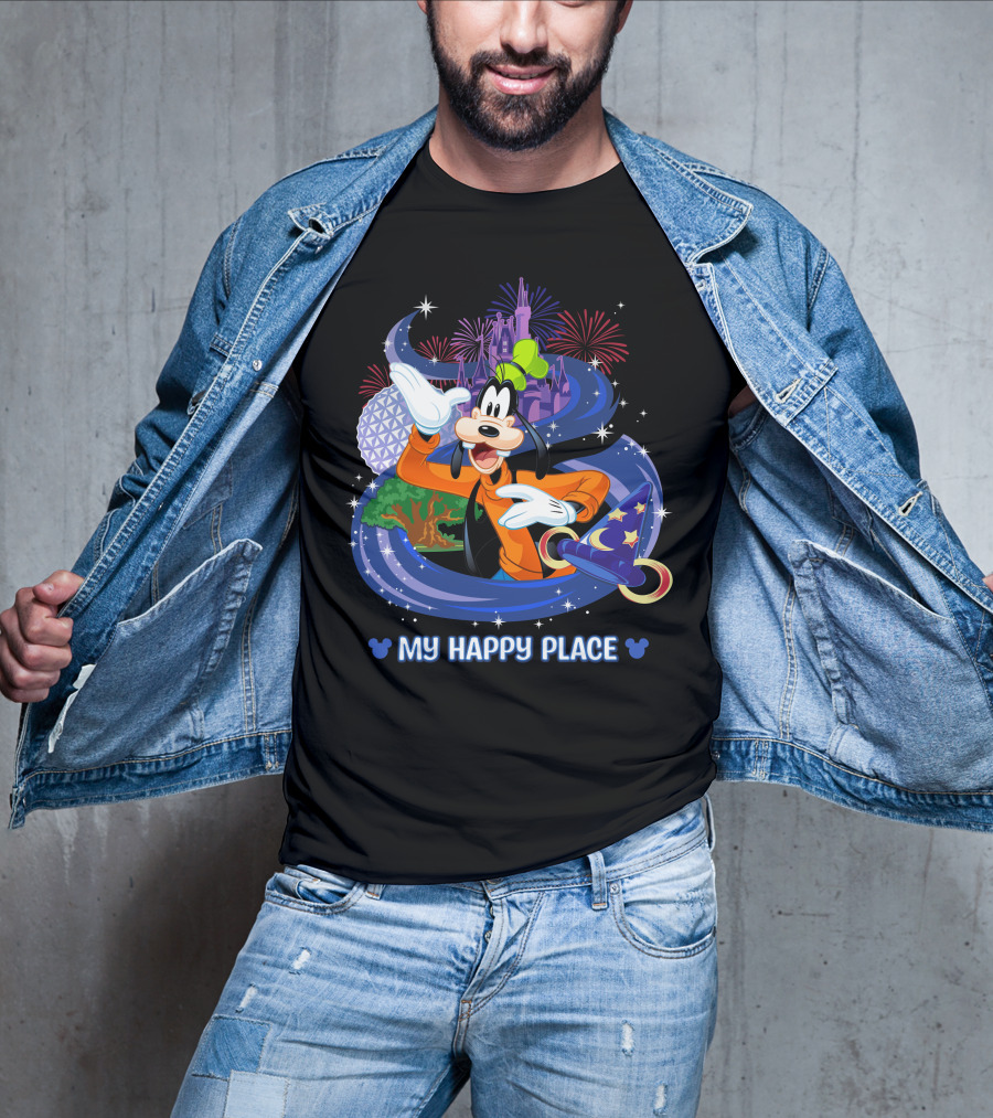 Goofy My Happy Place Disney Fireworks Epcot Sorcerer Mickey's Hat T-Shirt