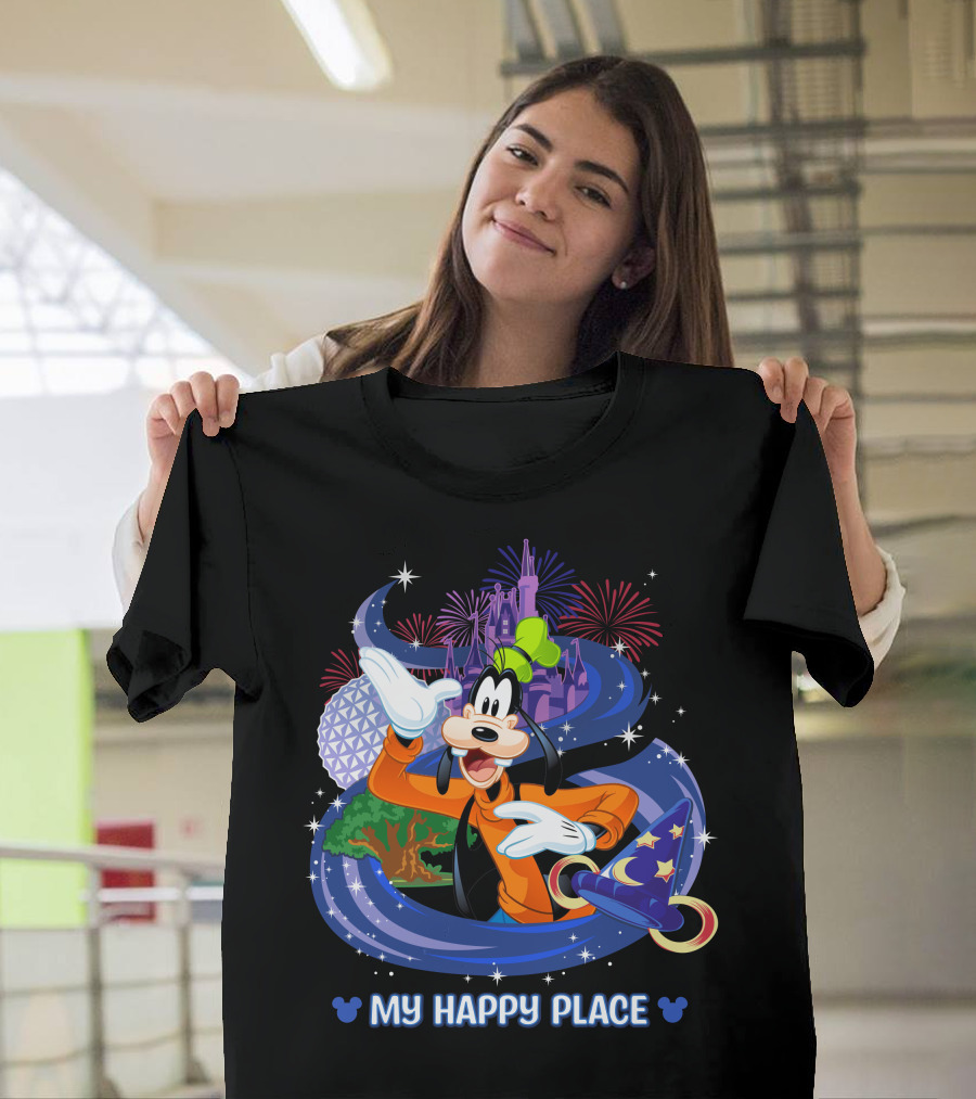 Goofy My Happy Place Disney Fireworks Epcot Sorcerer Mickey's Hat T-Shirt