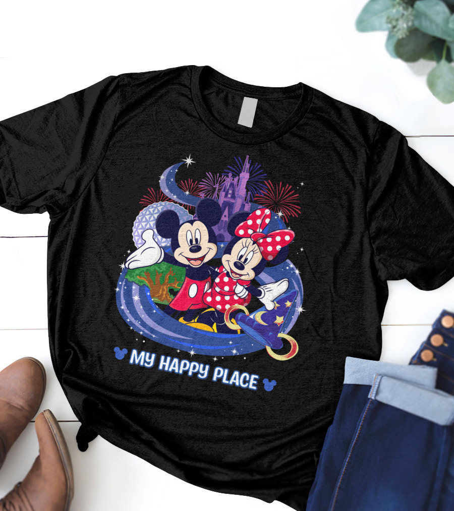 Mickey Minnie My Happy Place Disney Castle Fireworks T-Shirt