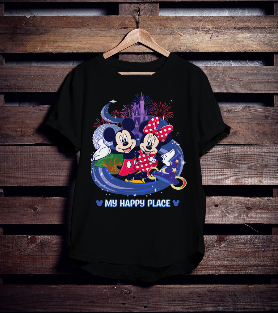 Mickey Minnie My Happy Place Disney Castle Fireworks T-Shirt