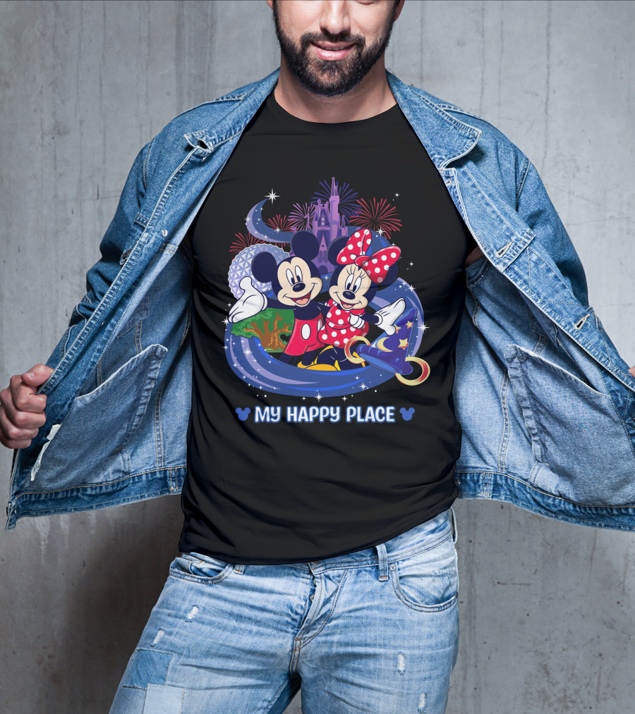 Mickey Minnie My Happy Place Disney Castle Fireworks T-Shirt