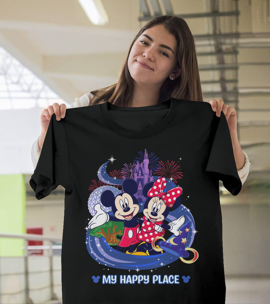 Mickey Minnie My Happy Place Disney Castle Fireworks T-Shirt
