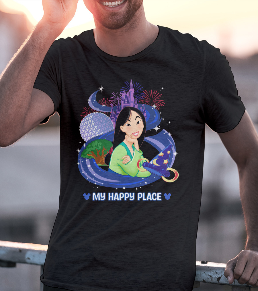 Mulan My Happy Place With Fireworks And Disney World Elements T-Shirt