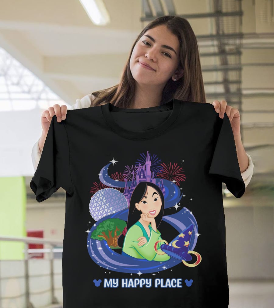 Mulan My Happy Place With Fireworks And Disney World Elements T-Shirt