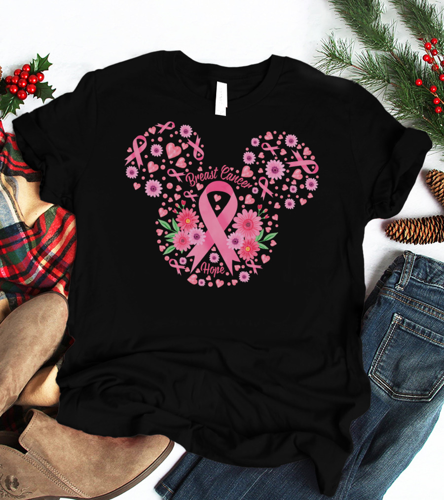 Breast Cancer Hope Pink Ribbon Floral Mickey Ears T-Shirt