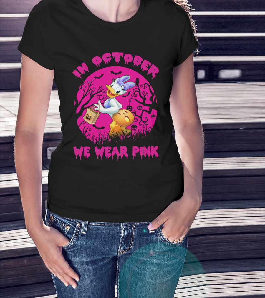 In October We Wear Pink Daisy Duck Halloween Theme T-Shirt