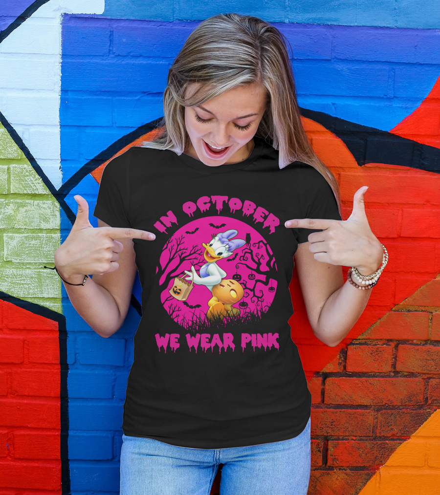 In October We Wear Pink Daisy Duck Halloween Theme T-Shirt