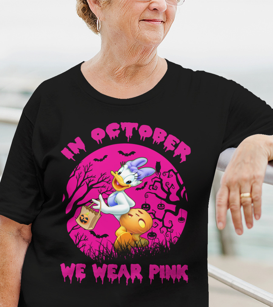 In October We Wear Pink Daisy Duck Halloween Theme T-Shirt