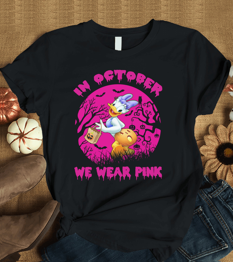 In October We Wear Pink Daisy Duck Halloween Theme T-Shirt