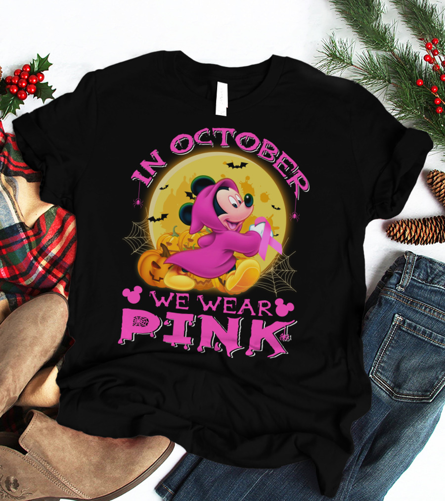 In October We Wear Pink Mickey Mouse Halloween Pumpkin Bats T-Shirt