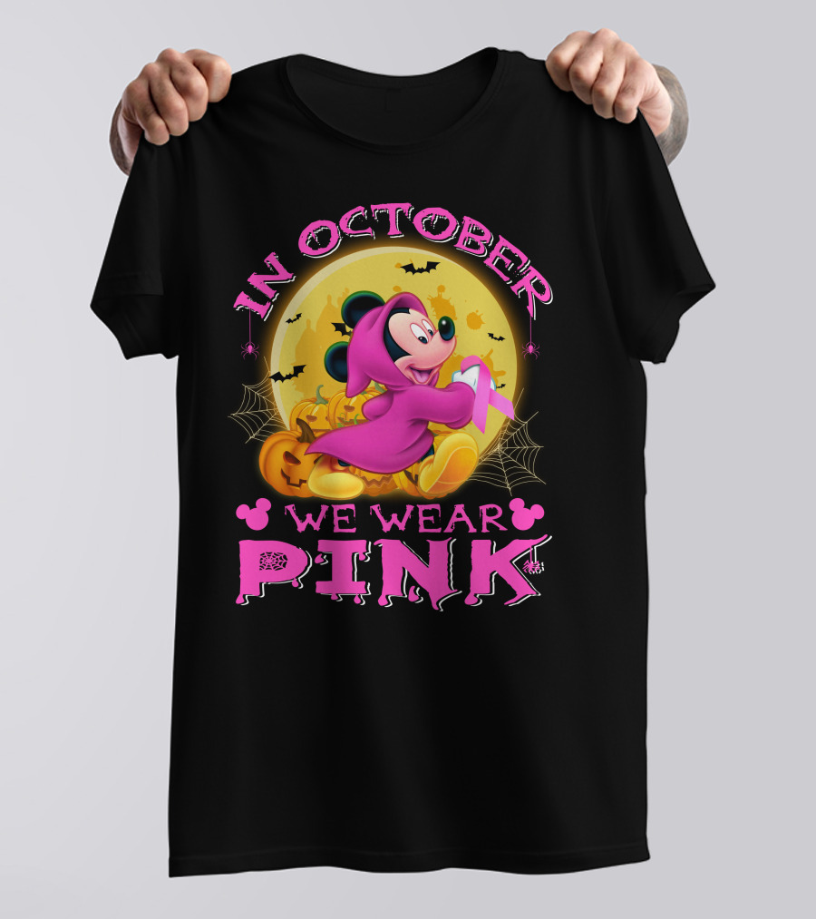 In October We Wear Pink Mickey Mouse Halloween Pumpkin Bats T-Shirt