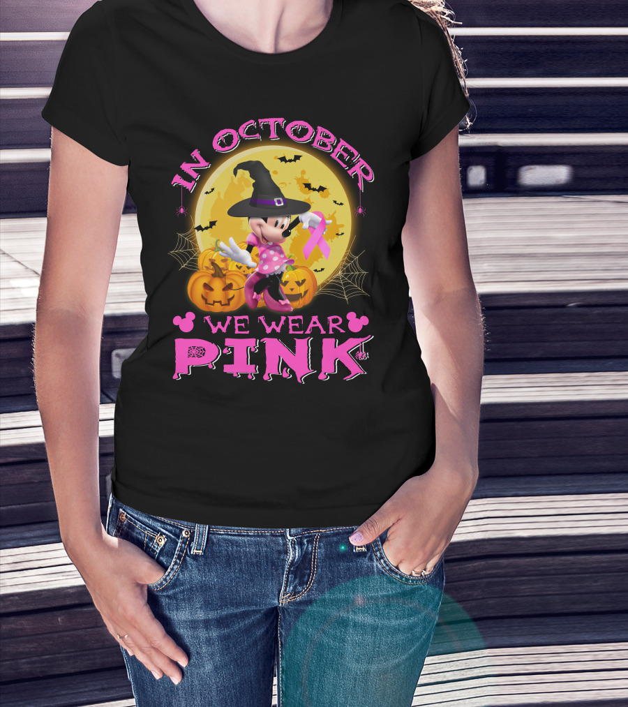 Minnie In October We Wear Pink Halloween Pumpkins Bats T-Shirt