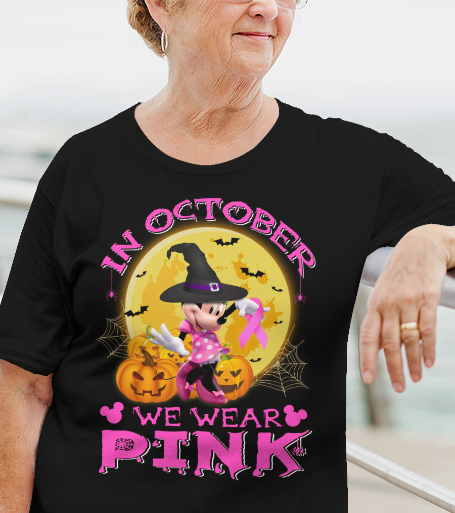 Minnie In October We Wear Pink Halloween Pumpkins Bats T-Shirt