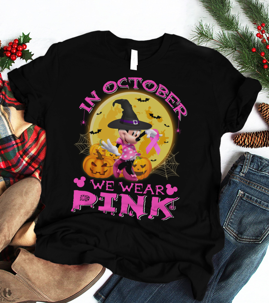 Minnie In October We Wear Pink Halloween Pumpkins Bats T-Shirt