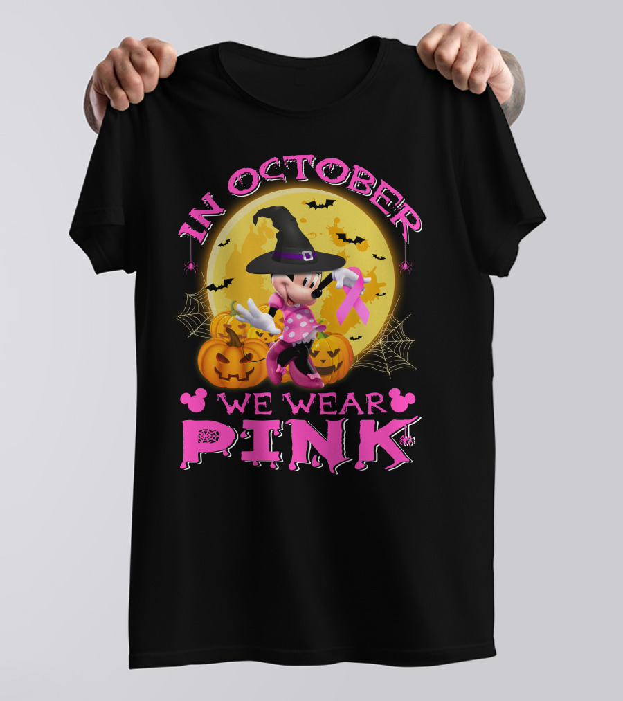 Minnie In October We Wear Pink Halloween Pumpkins Bats T-Shirt
