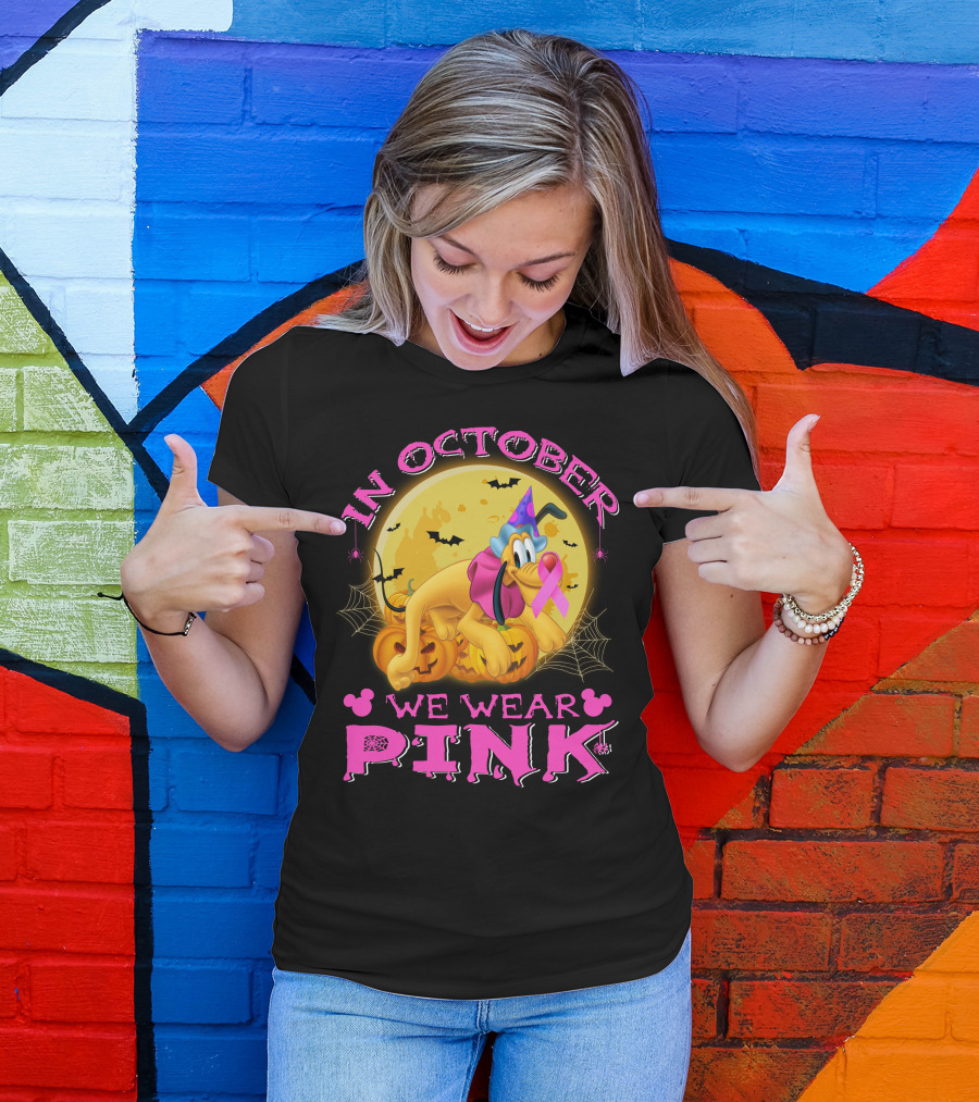 In October We Wear Pink Pluto Halloween Pumplin Bat Webs T-Shirt
