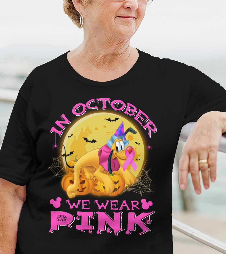 In October We Wear Pink Pluto Halloween Pumplin Bat Webs T-Shirt