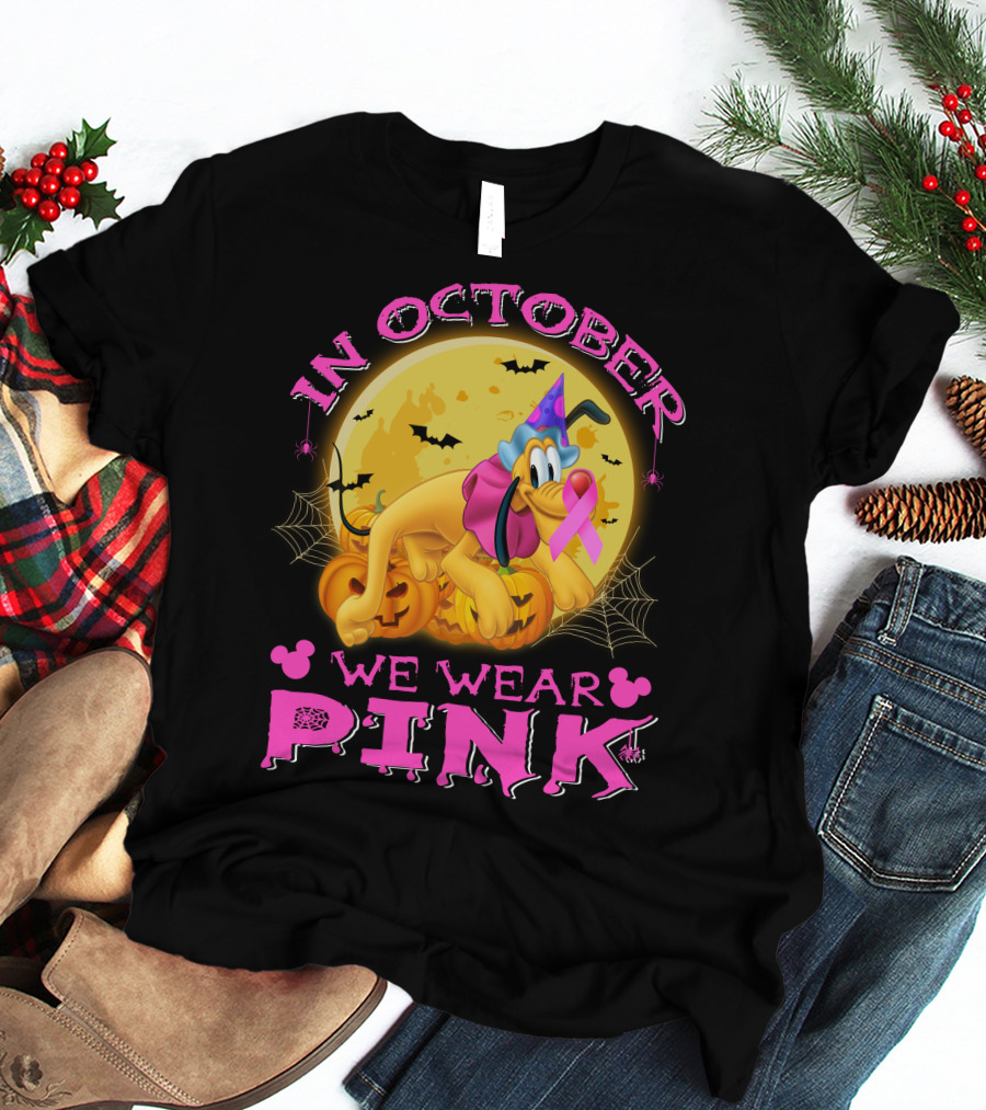 In October We Wear Pink Pluto Halloween Pumplin Bat Webs T-Shirt