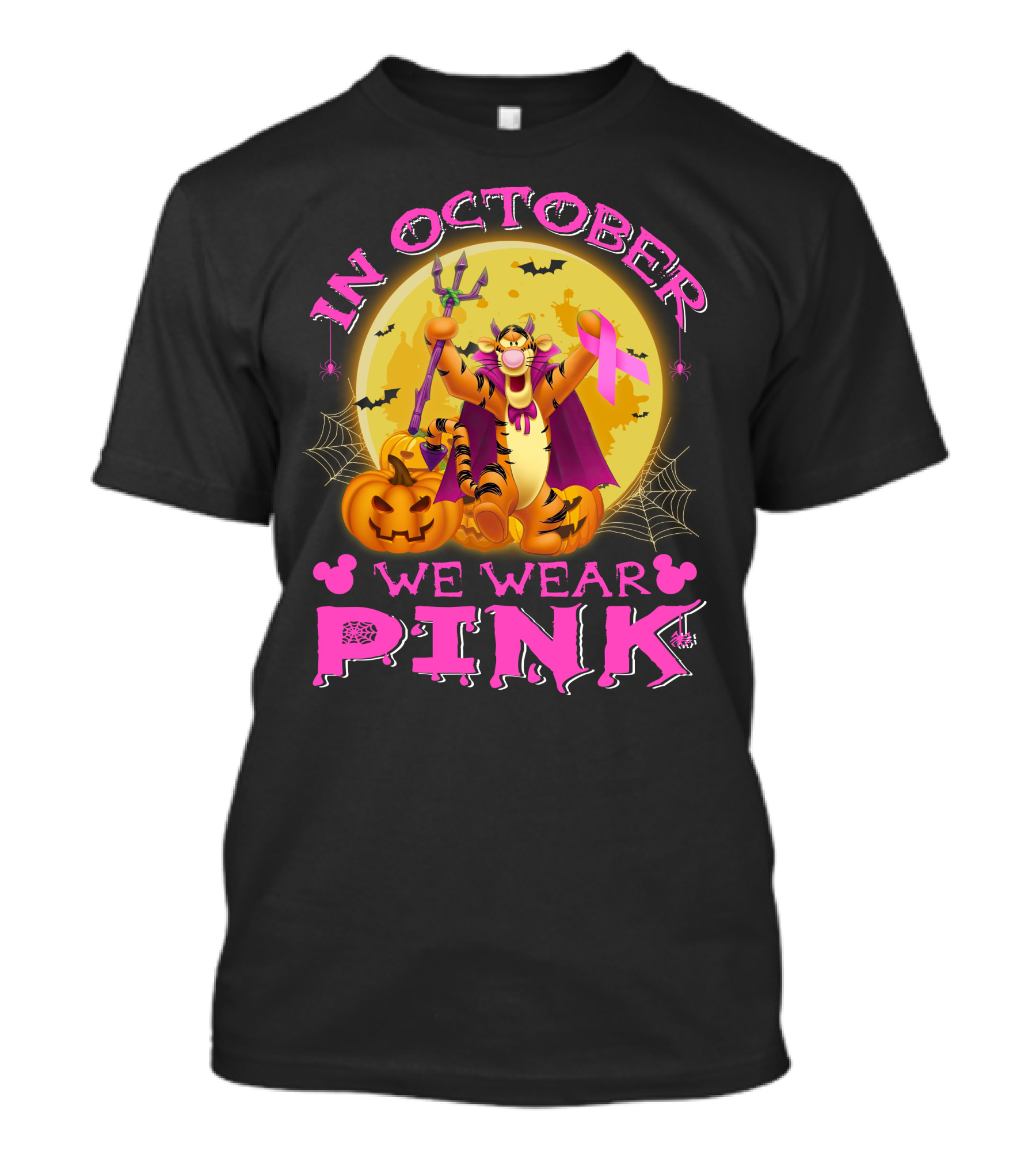 In October We Wear Pink Tigger Halloween Pumpkins Bats T-Shirt