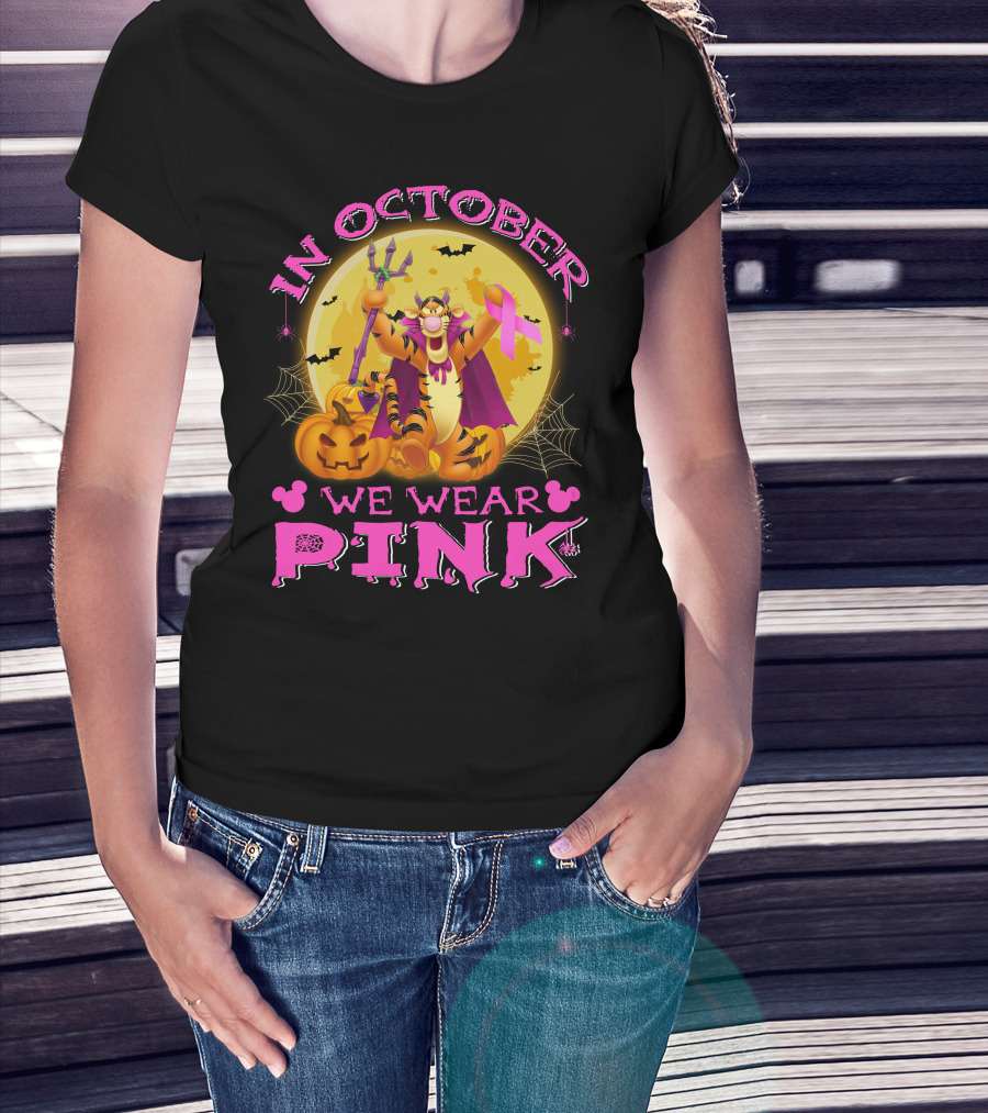 In October We Wear Pink Tigger Halloween Pumpkins Bats T-Shirt