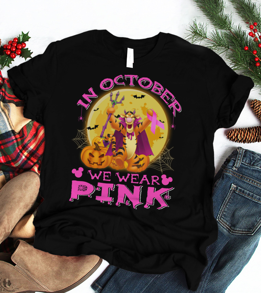 In October We Wear Pink Tigger Halloween Pumpkins Bats T-Shirt