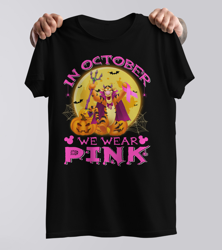 In October We Wear Pink Tigger Halloween Pumpkins Bats T-Shirt