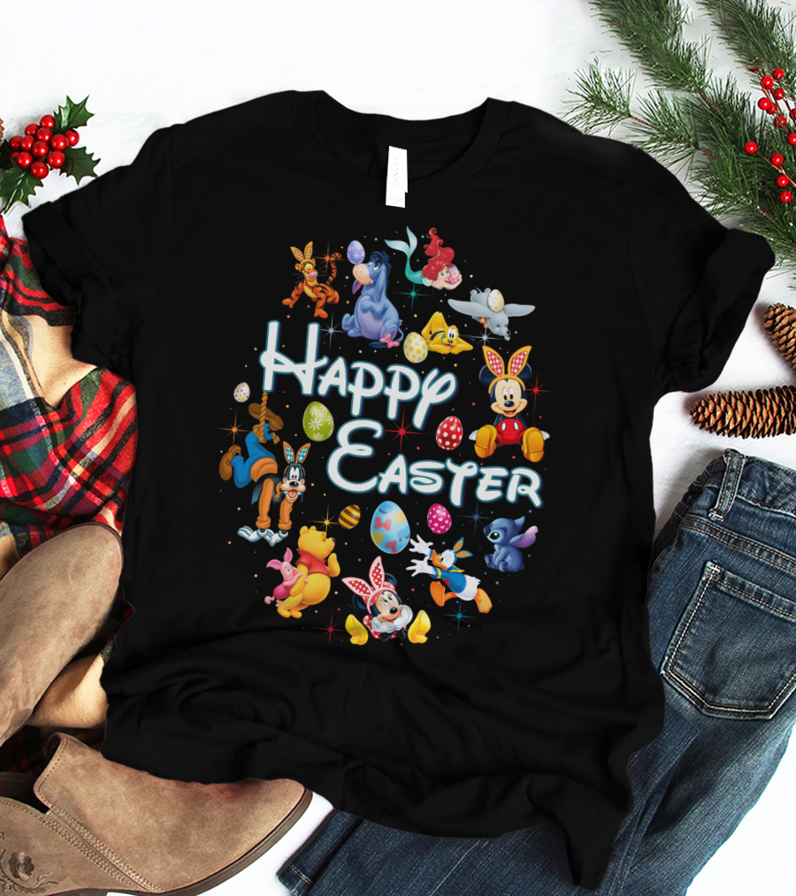 Happy Easter Disney Mickey Minnie Winnie Stitch Goofy Eeyore Ariel Dumbo Tigger T-Shirt