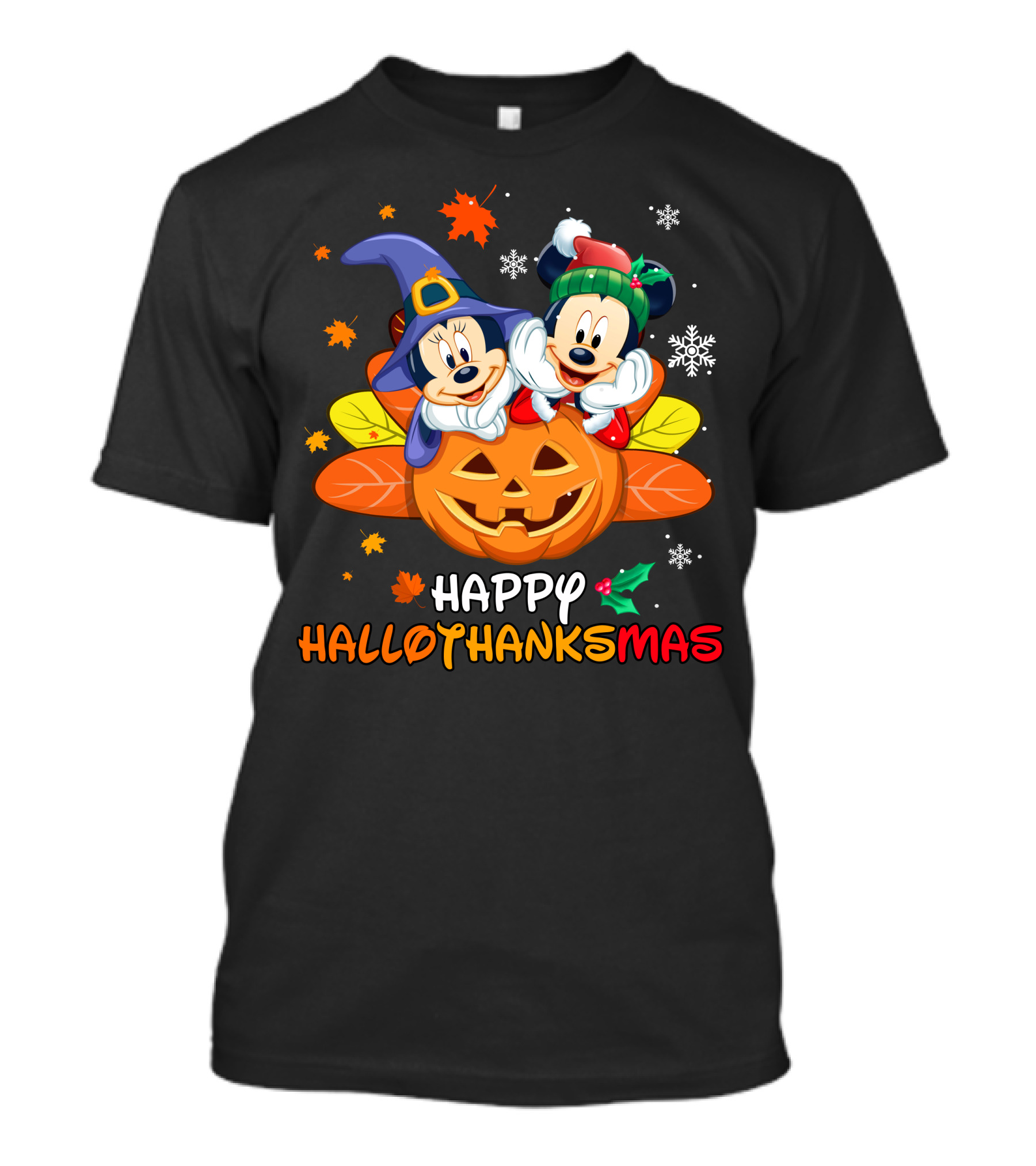 Happy Hallothanksmas Mickey Minnie Jack-O'-Lantern Holly Snowflakes Leaves T-Shirt