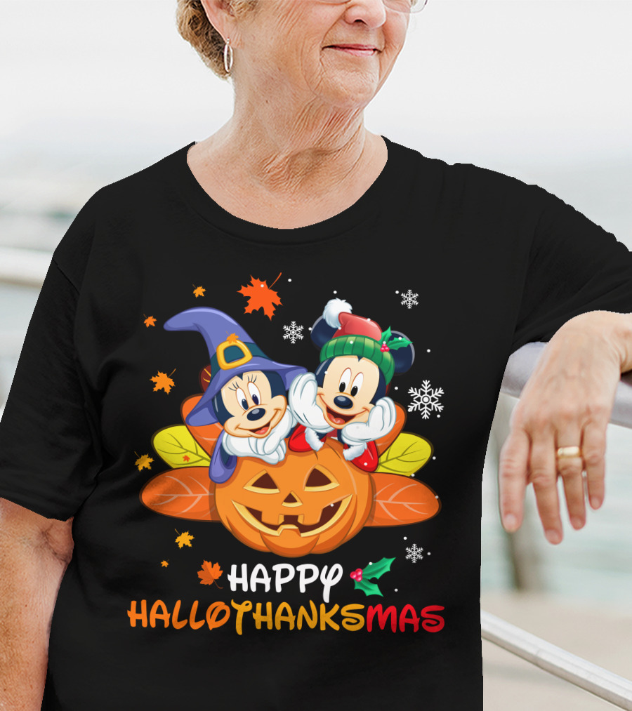 Happy Hallothanksmas Mickey Minnie Jack-O'-Lantern Holly Snowflakes Leaves T-Shirt